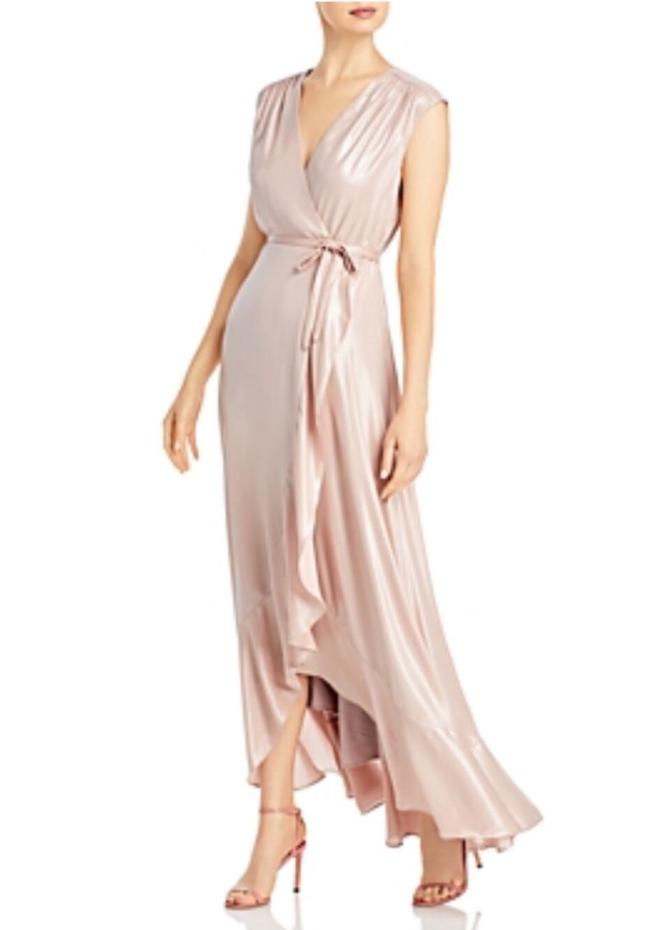 AQUA Pink Evening Gown Metallic Satin High Low Ruffled Wrap Formal Dress Size 6